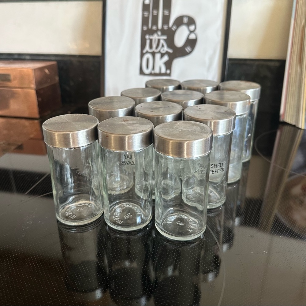 Williams Sonoma Set of 12 Clear Glass Spice Jars, Silver Lids